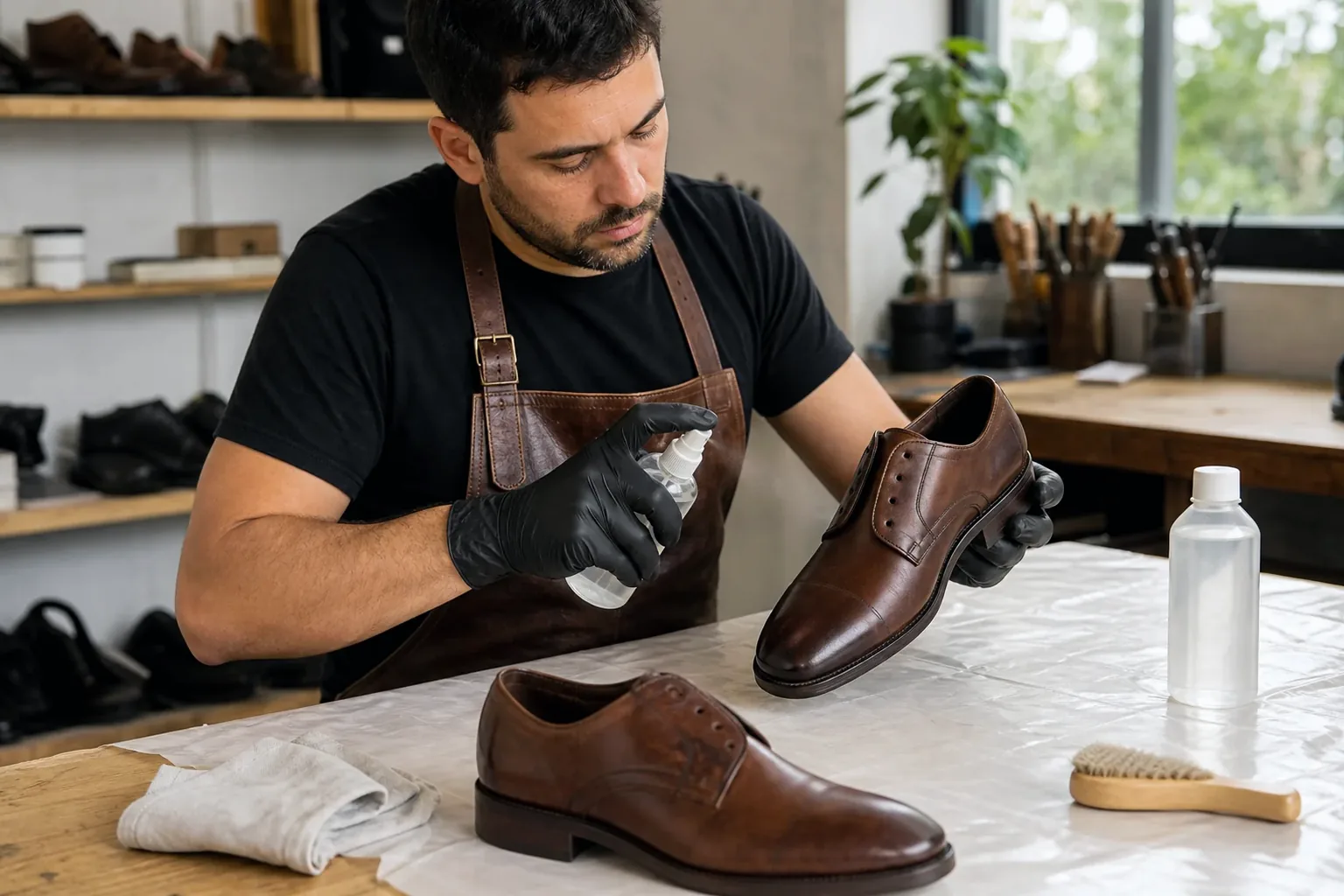 Sapateiro aplicando spray impermeabilizante em um par de botas.