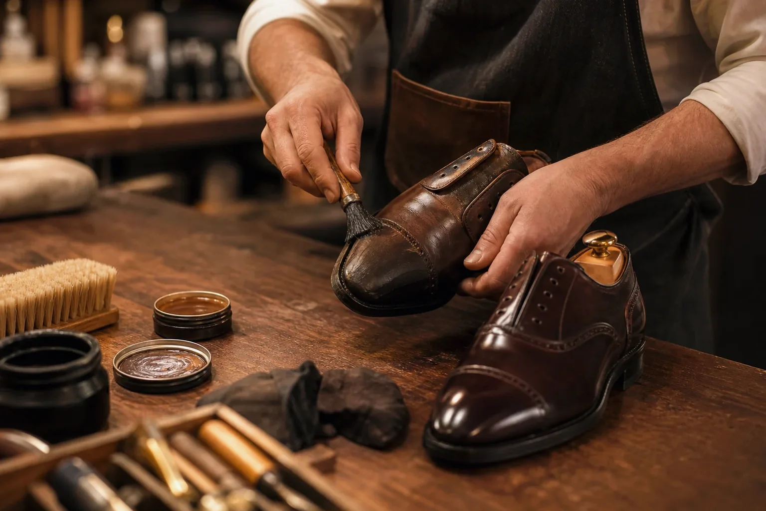 Sapateiro reformando o acabamento de sapatos sociais.