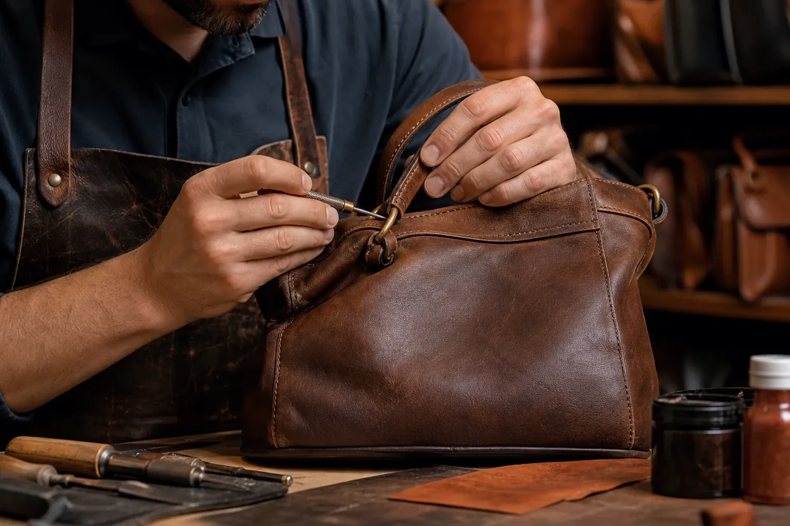 Sapateiro reformando o design de uma bolsa de couro.
