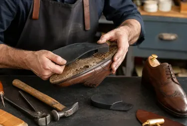 Sapateiro trabalhando na substituição de solado de um calçado.